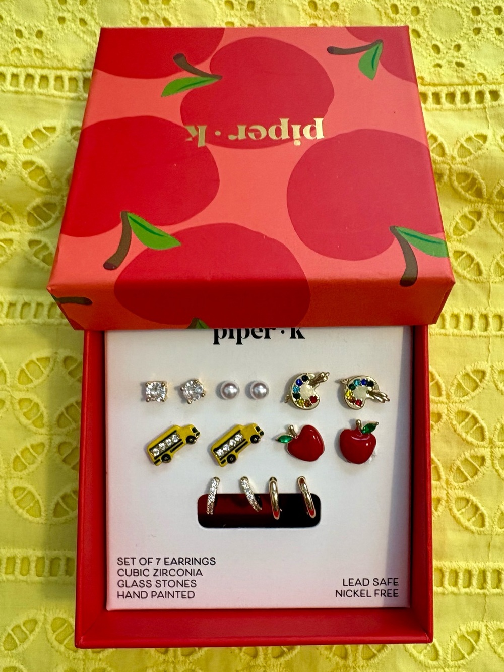 Piper·K 7 Pair School Teacher Theme Earrings Set, Clear CZ & Glass, Nickel-Free